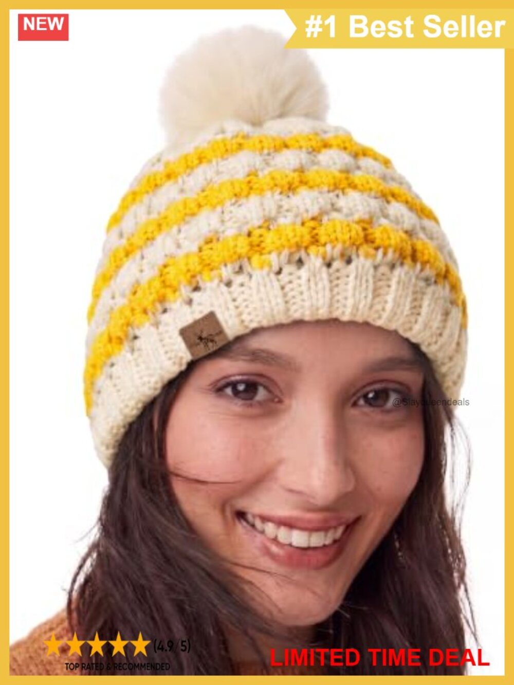 Cable Knit Chunky Beanie Fleece Lined Thick Fold Cuff Pom Pom Winter Hat